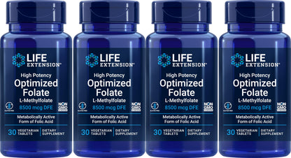 Life Extension High Potency Optimized Folate 8500 mcg DFE – 30 Vegetarian Tablets (Pack of 4)