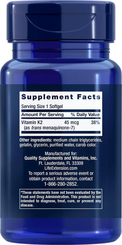 Life Extension Low Dose Vitamin K2, 90 Softgels (Pack of 2) | MK-7 Vitamin K2