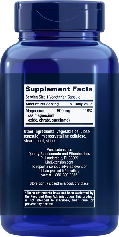 Life Extension Magnesium Caps 500mg | 270 Veg Capsules | Broad Spectrum 3 Mg Forms (Oxide, Citrate, Succinate) – Vegetarian