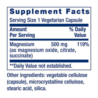 Life Extension Magnesium Caps 500 mg – Mg Oxide/Citrate/Succinate – 2x100 Veg Caps