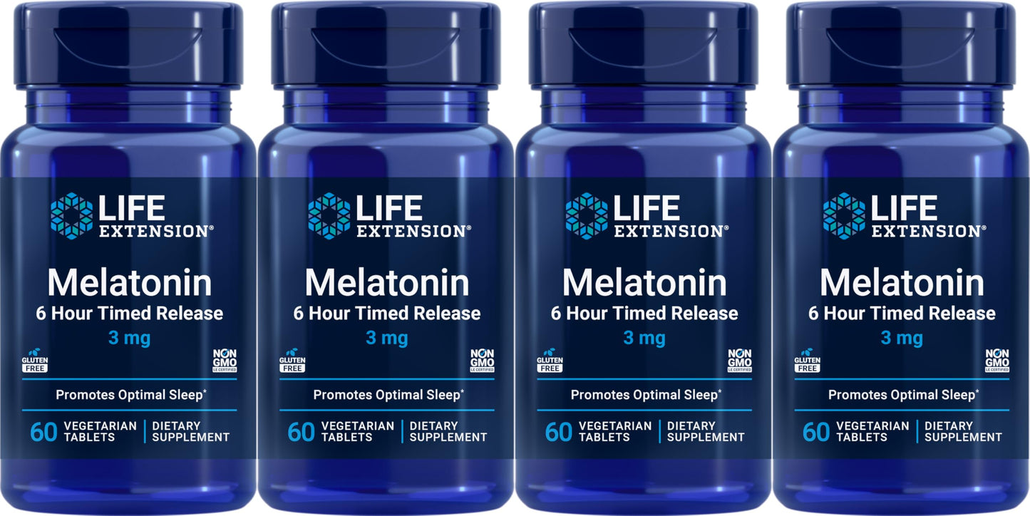Life Extension Melatonin 6 Hour Timed Release 3 mg | 60 Vegetarian Tablets (Pack of 4) - Sleep Support