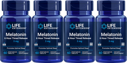 Life Extension Melatonin 6 Hour Timed Release 3 mg | 60 Vegetarian Tablets (Pack of 4) - Sleep Support