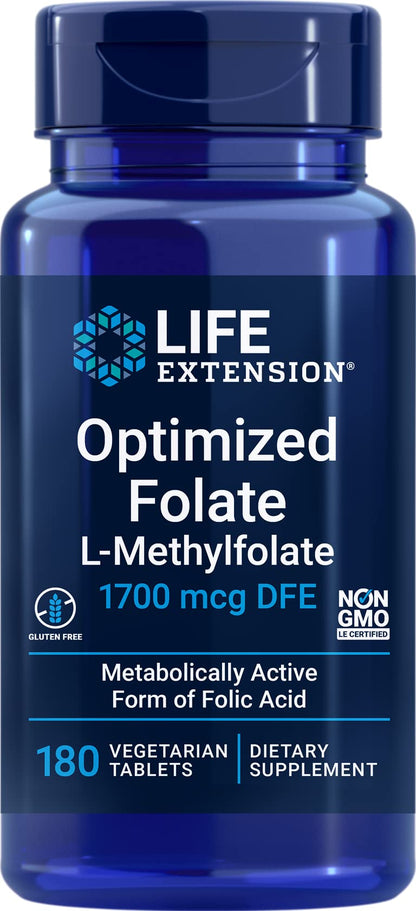 Life Extension Optimized Folate (L-Methylfolate) 1700 mcg DFE – 180 Veg Tablets