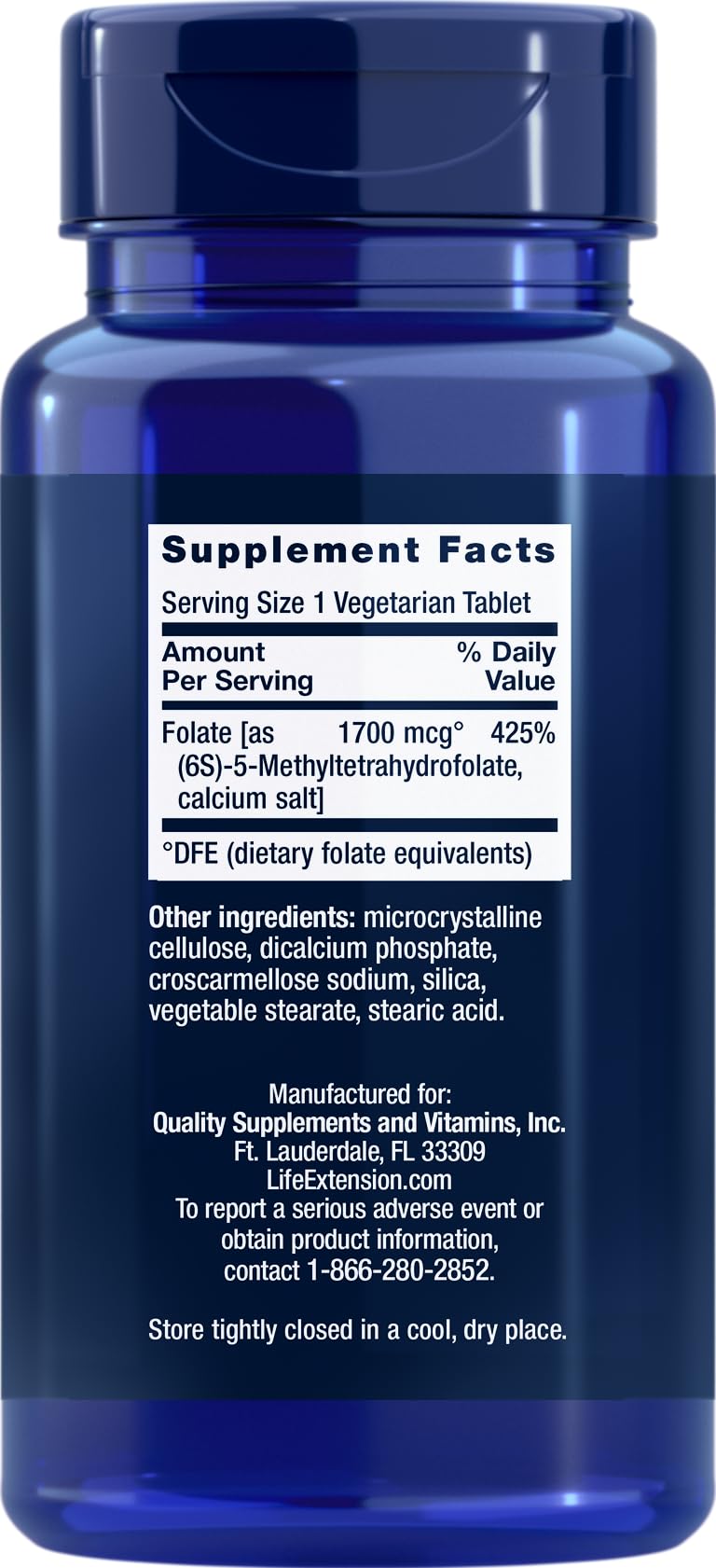 Life Extension Optimized Folate (L-Methylfolate) 1700 mcg DFE – 180 Veg Tablets