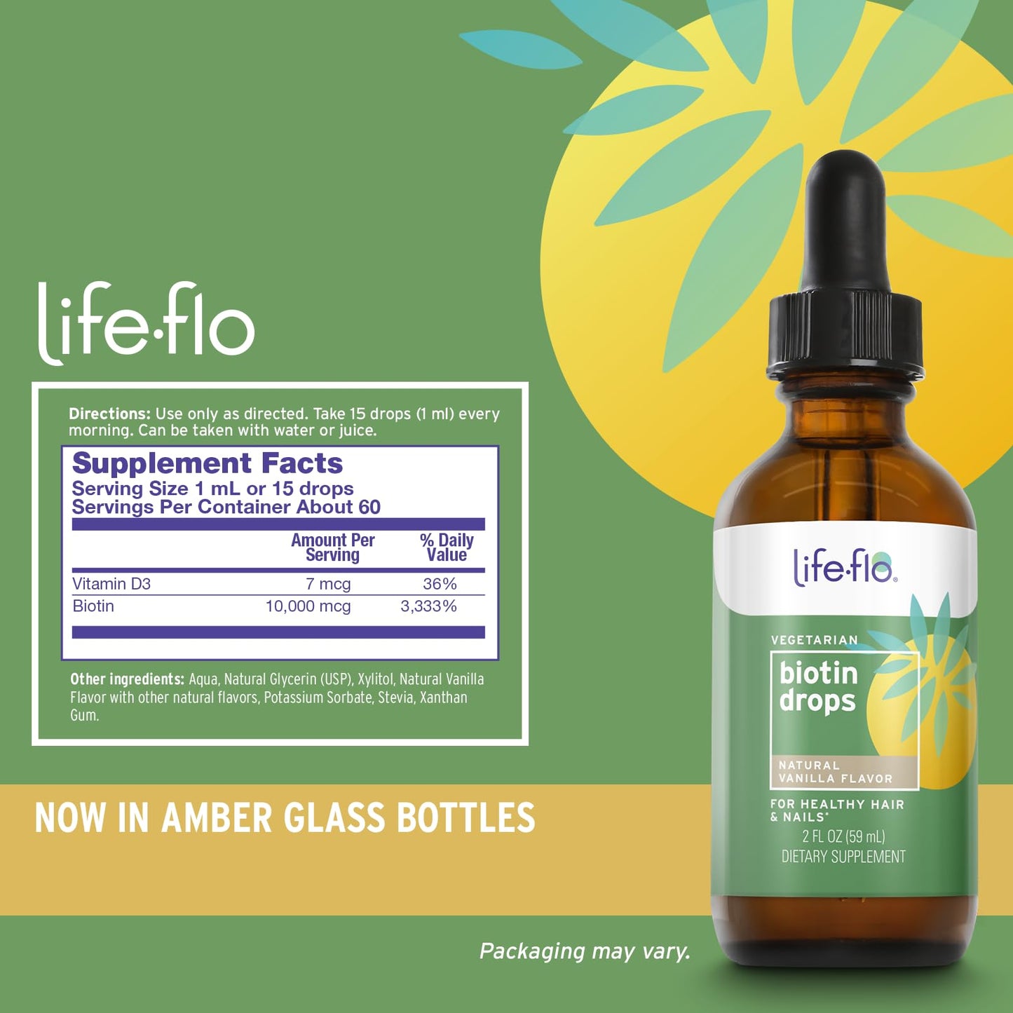 Life-Flo Biotin Drops 10000mcg with Vitamin D3 – Hair, Skin & Nails Support (Vanilla, 2 oz)