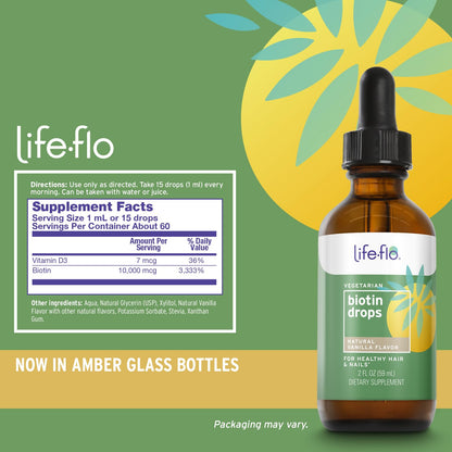 Life-Flo Biotin Drops 10000mcg with Vitamin D3 – Hair, Skin & Nails Support (Vanilla, 2 oz)