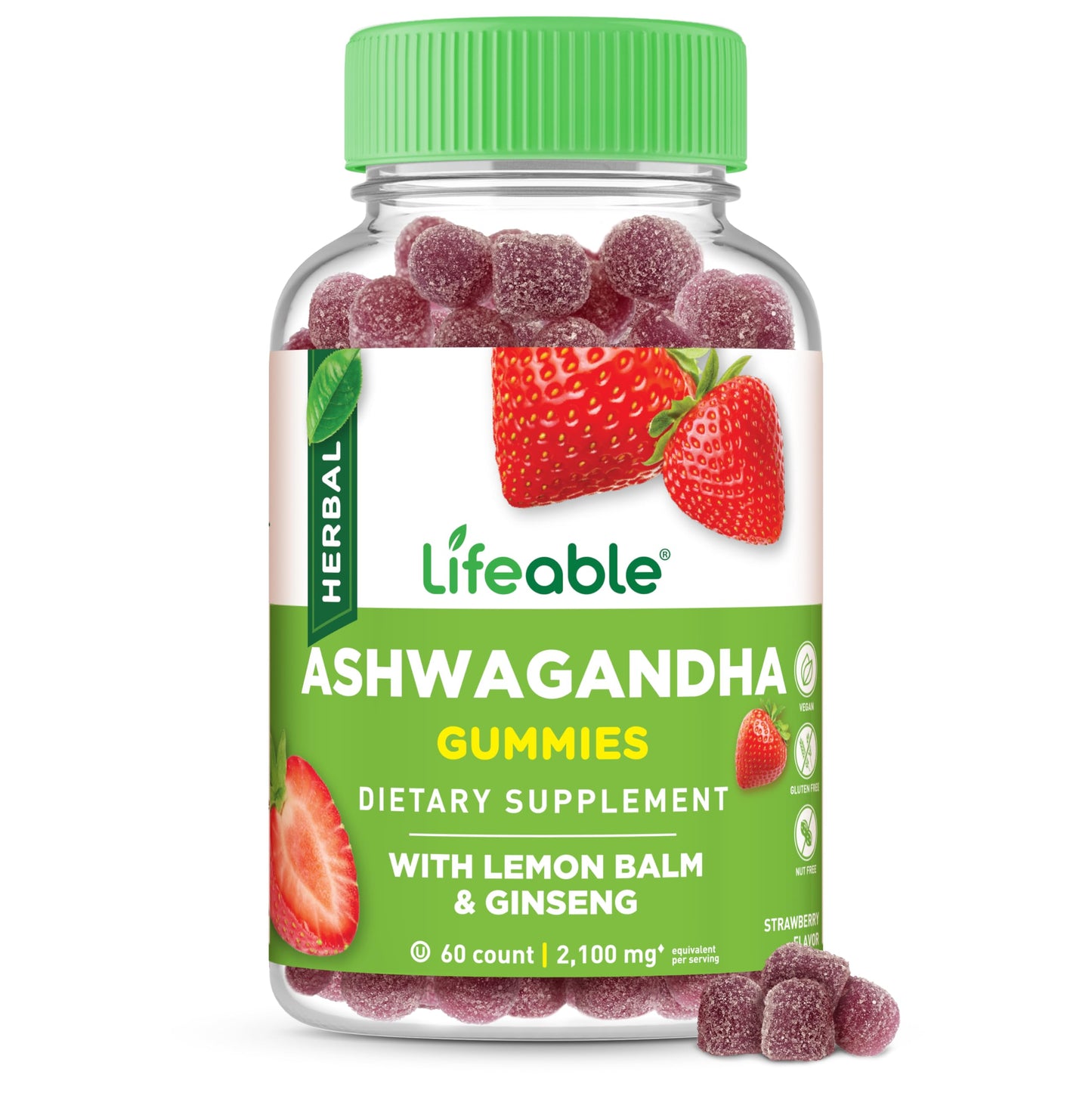 Lifeable Ashwagandha Gummies with Lemon Balm & Ginseng | Equivalent to 2100mg | Vegan Non GMO Ashwagandha Supplement | for Women and Men | 60 Gummies