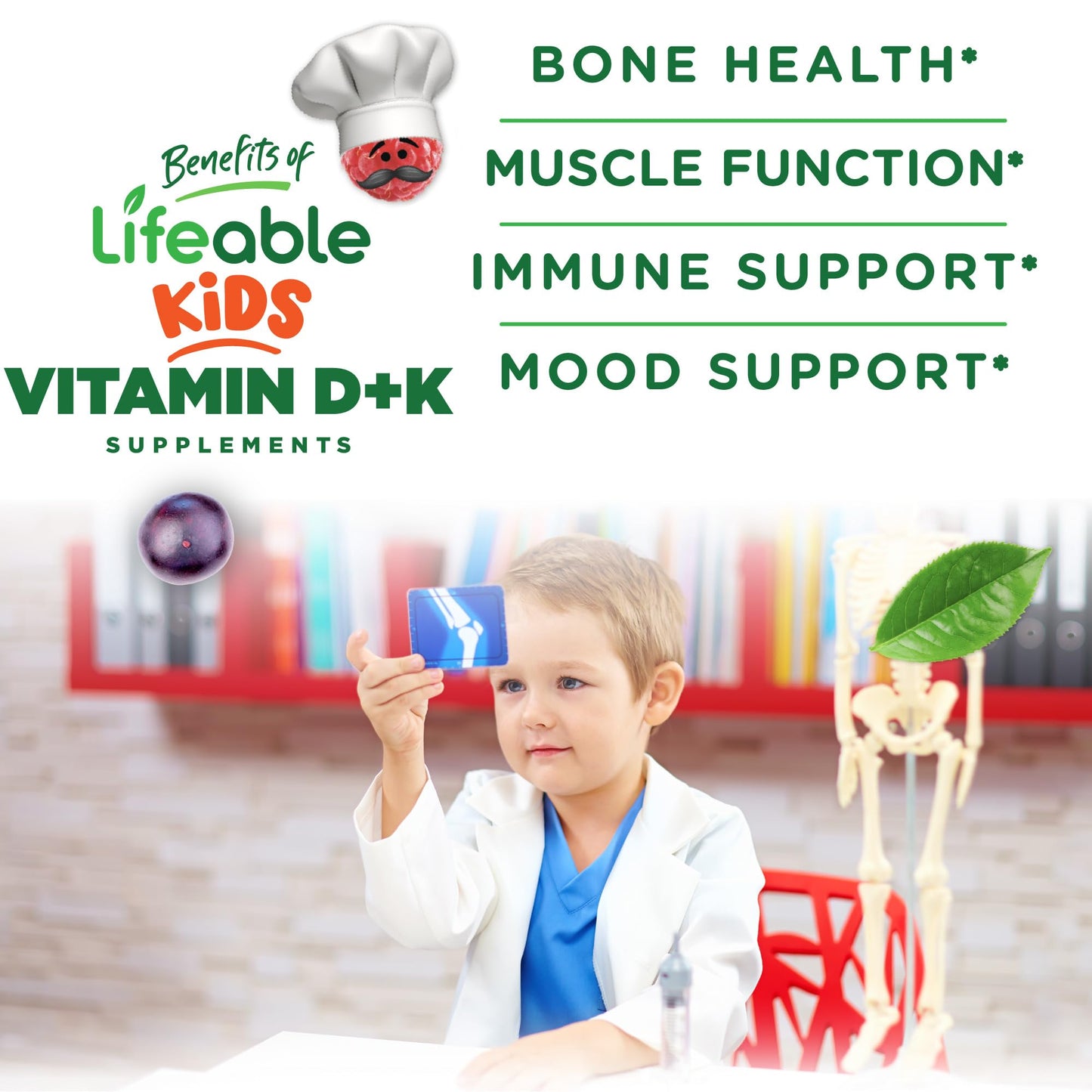 Lifeable Kids Vitamin D3 K2 Gummies - 1000 IU D3, 100 mcg K2 - 60 Gummies