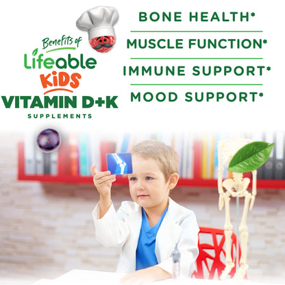 Lifeable Kids Vitamin D3 K2 Gummies - 1000 IU D3, 100 mcg K2 - 60 Gummies