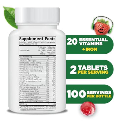 Lifeable Kids Multivitamin Chewables with Iron – Vegetarian & Gluten Free – 150 Count