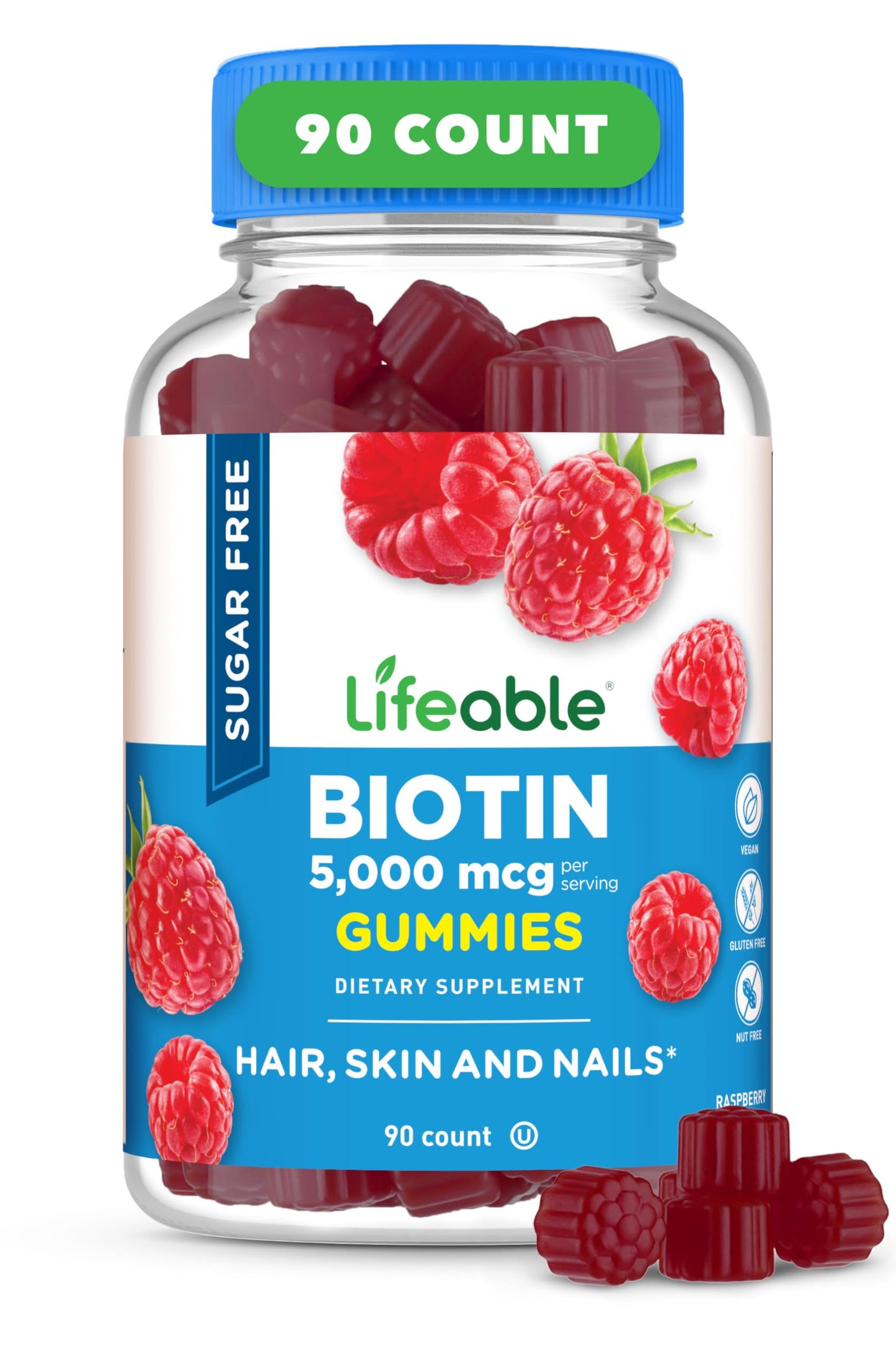 Lifeable Sugar Free Biotin Gummies 5000mcg | Hair, Skin & Nails | 90 Gummies