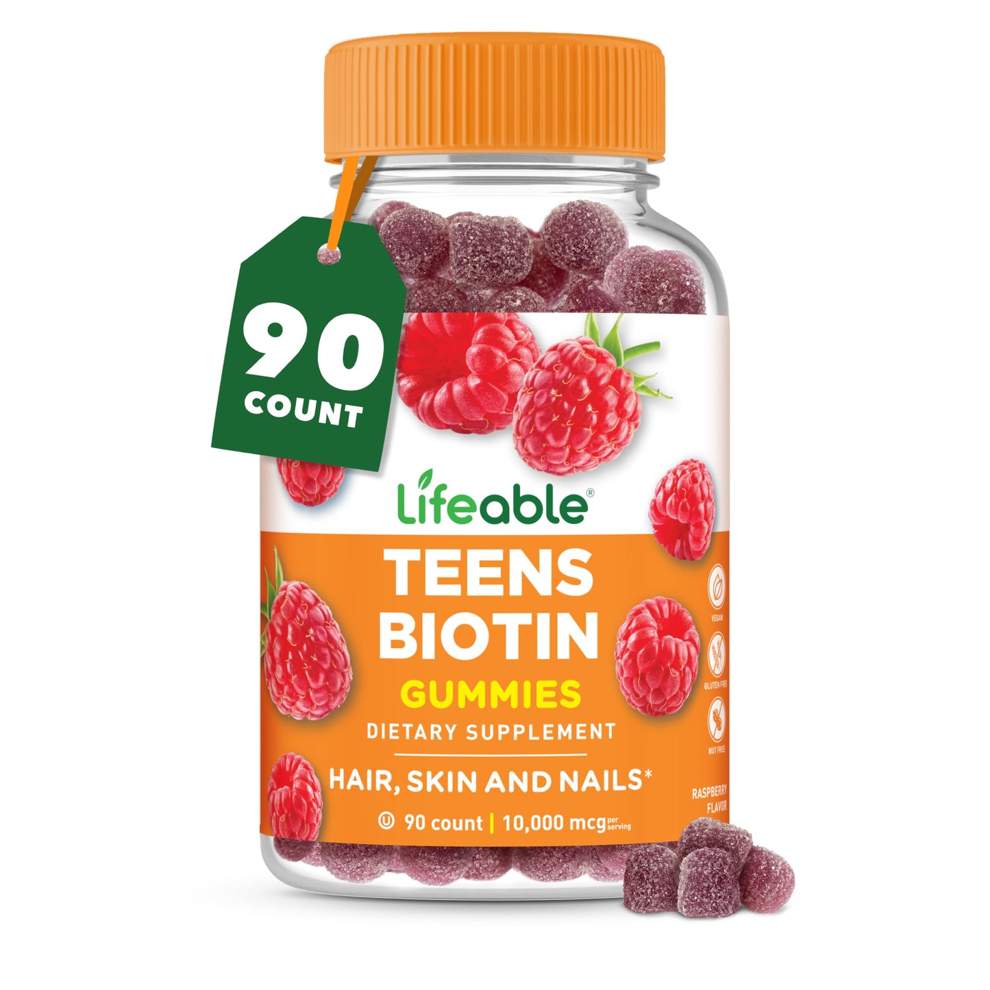 Lifeable Teens Biotin 10000mcg Gummies | Vegan B7 for Hair, Skin & Nails | 90 Gummies