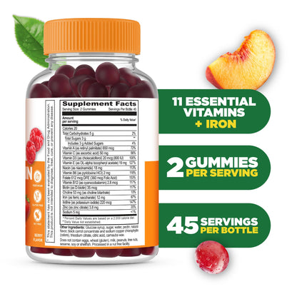 Lifeable Multivitamin with Iron for Adults | 13 Essential Vitamins & Minerals | Berry Flavor | 90 Gummies | Vegetarian & Non-GMO