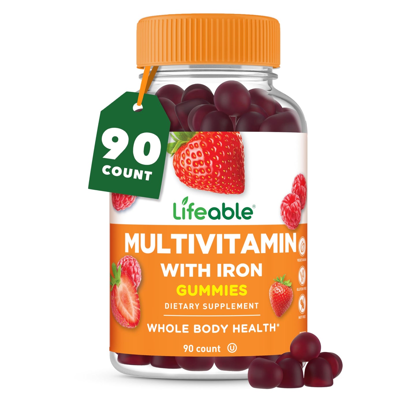 Lifeable Multivitamin with Iron for Adults | 13 Essential Vitamins & Minerals | Berry Flavor | 90 Gummies | Vegetarian & Non-GMO