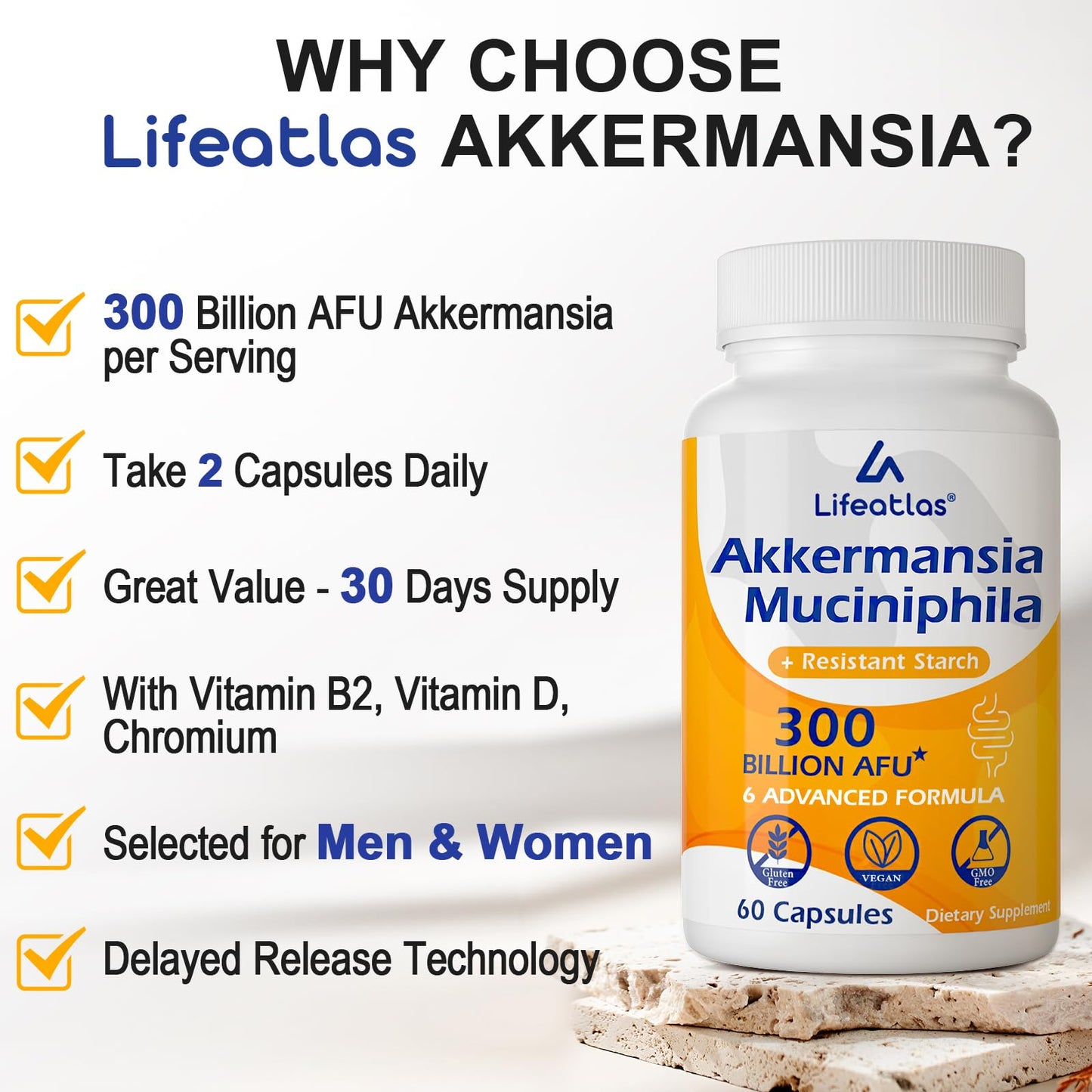 Lifeatlas Akkermansia Probiotic — 300 Billion AFU, 6-in-1 Gut Health, 120 Caps