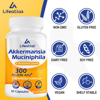 Lifeatlas Akkermansia Probiotic — 300 Billion AFU, 6-in-1 Gut Health, 120 Caps