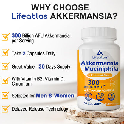 Lifeatlas Akkermansia Probiotic — 300 Billion AFU, 6-in-1 Gut Health, 120 Caps