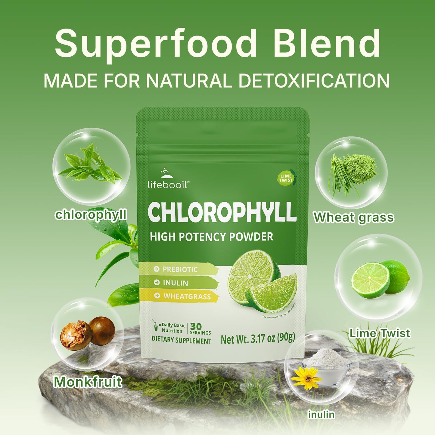 Lifebooil Chlorophyll Powder 120mg – Lime Twist | Supports Alkalization, Gut Health & Clean Energy – 30 Servings