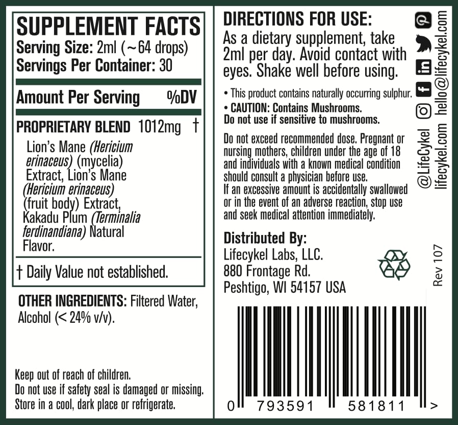 Lifecykel Lion's Mane Mushroom Extract w/Kakadu Plum — Memory, Focus & Sleep (2 oz, 30 Servings) Made in USA