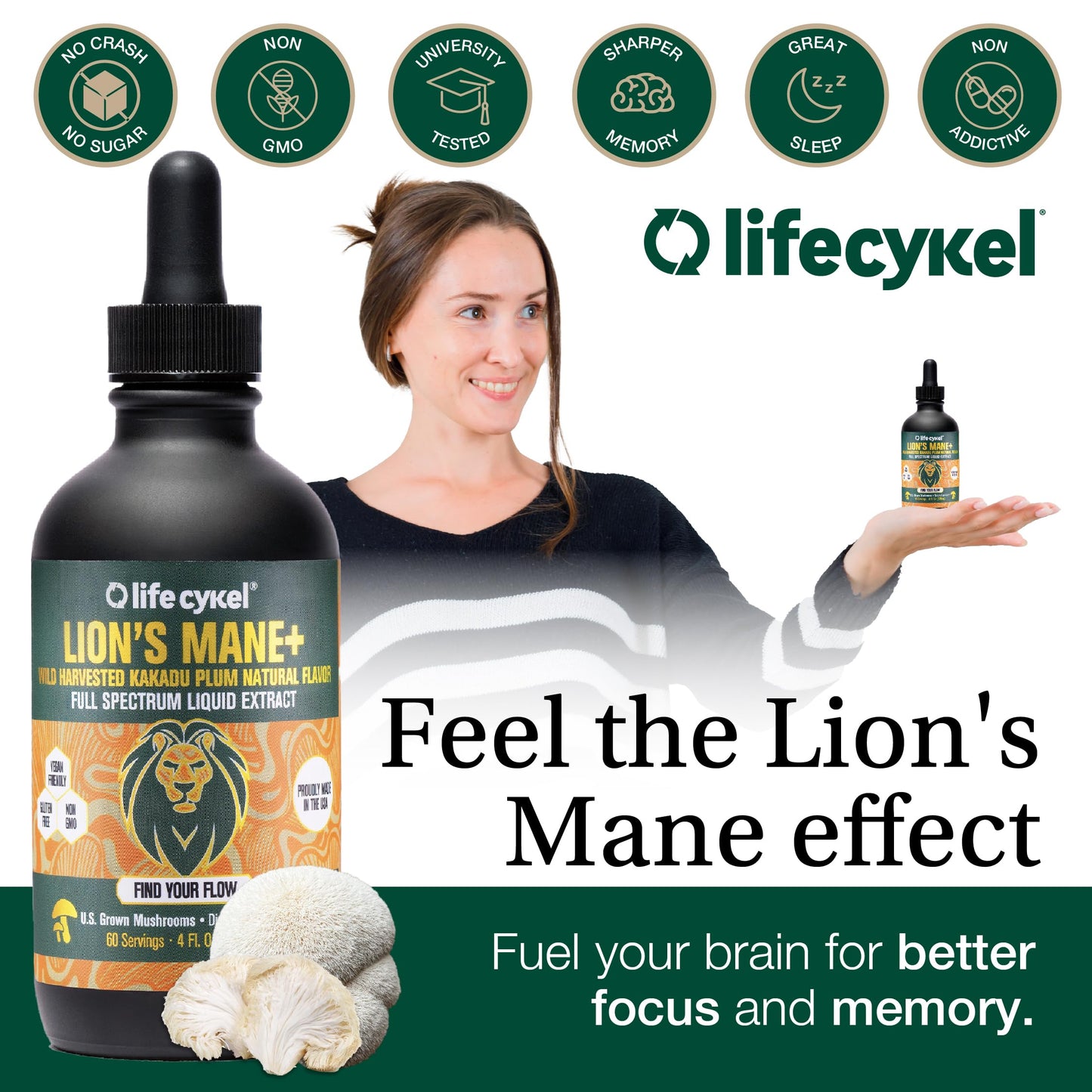 Lifecykel Lion's Mane Mushroom Extract w/Kakadu Plum — Memory, Focus & Sleep (2 oz, 30 Servings) Made in USA