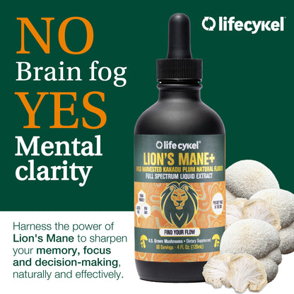 Lifecykel Lion's Mane Mushroom Extract w/Kakadu Plum — Memory, Focus & Sleep (2 oz, 30 Servings) Made in USA