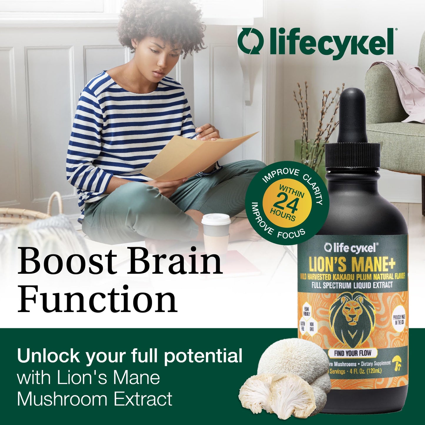 Lifecykel Lion's Mane Mushroom Extract w/Kakadu Plum — Memory, Focus & Sleep (2 oz, 30 Servings) Made in USA