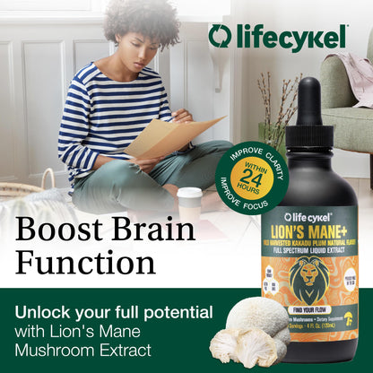 Lifecykel Lion's Mane Mushroom Extract w/Kakadu Plum — Memory, Focus & Sleep (2 oz, 30 Servings) Made in USA