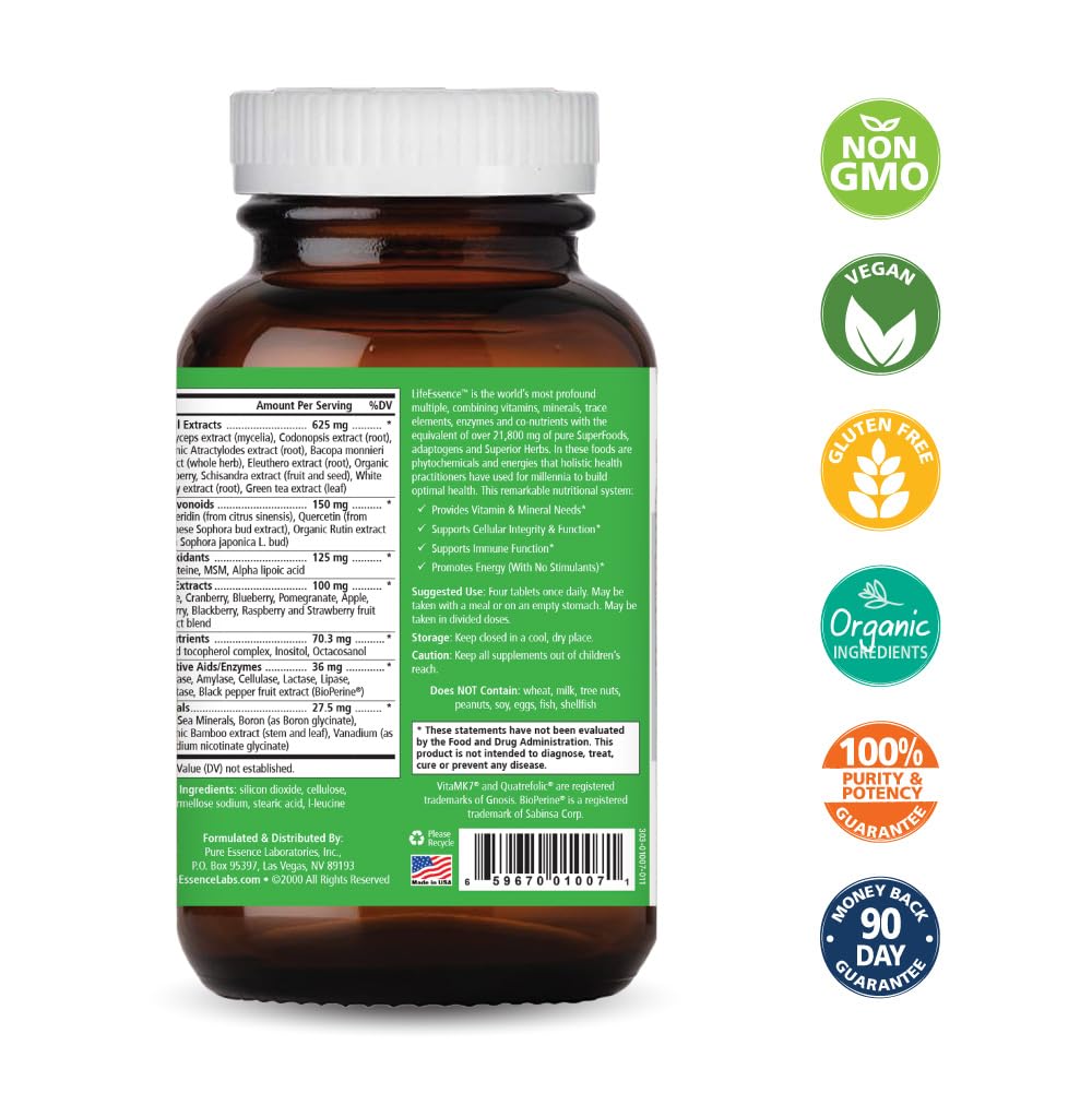 PURE ESSENCE LABS LifeEssence Multivitamin for Women & Men | Natural Herbal Vitamin D3, B12, Biotin (120 Tablets)