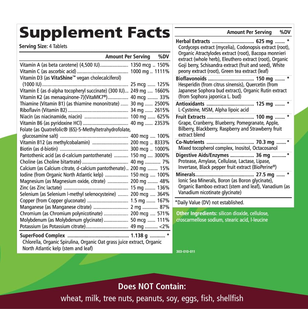 PURE ESSENCE LABS LifeEssence Multivitamin for Women & Men | Natural Herbal Vitamin D3, B12, Biotin (120 Tablets)
