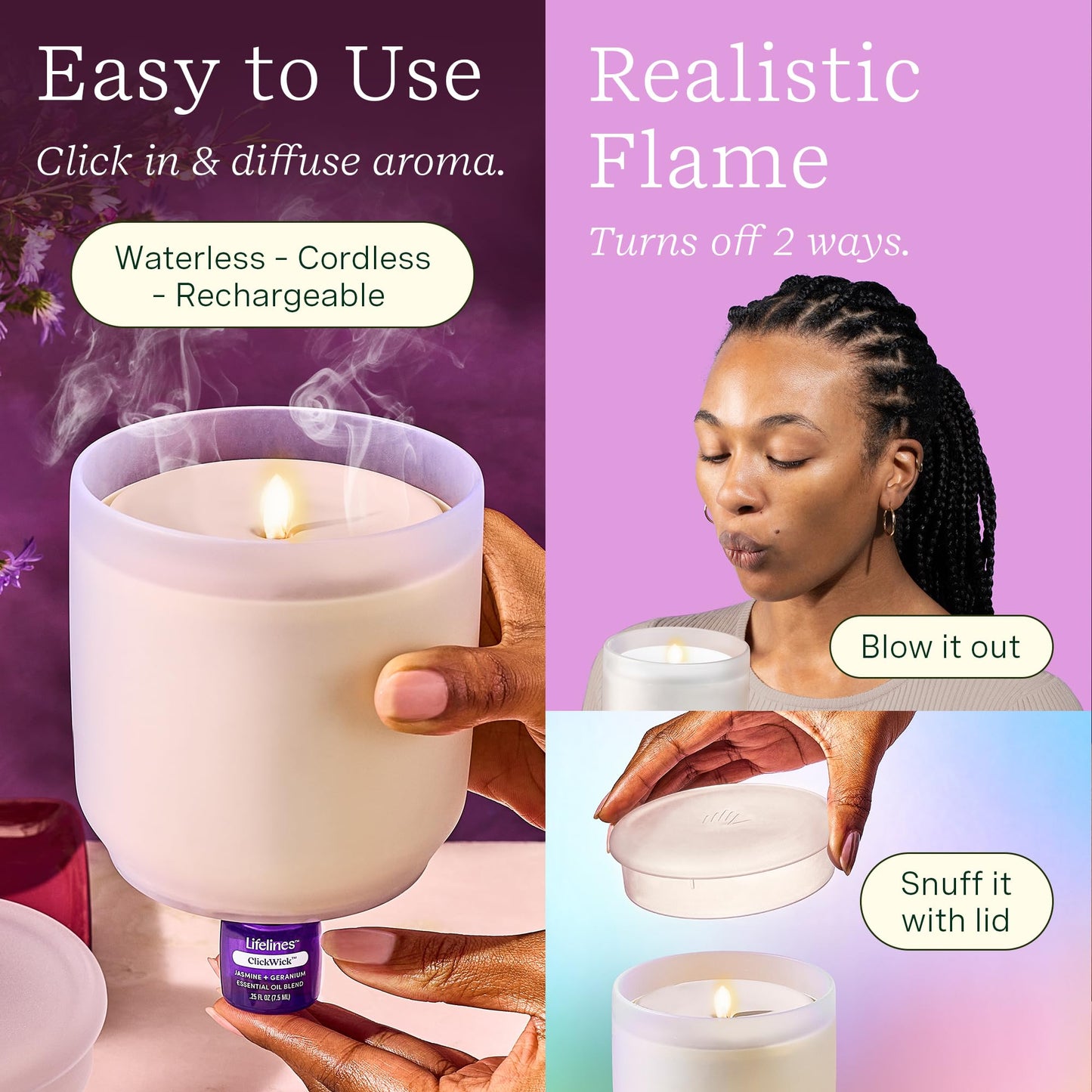 Lifelines Flameless Candle Diffuser with 2 ClickWick Blends – Cordless & Waterless (Frosted Cream)