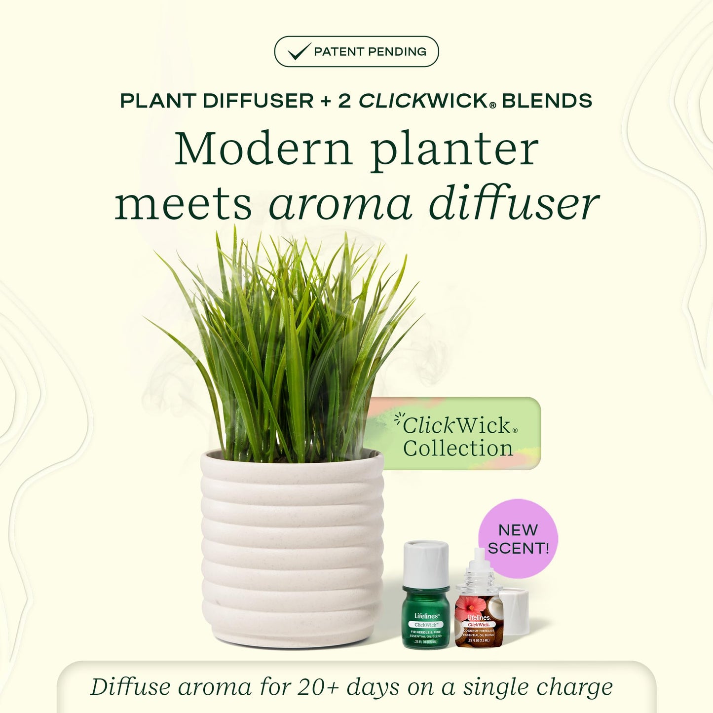 Lifelines Plant Diffuser Bundle — 2 ClickWick Essential Oil Blends | Rechargeable Faux Plant Diffuser & Modern Planter