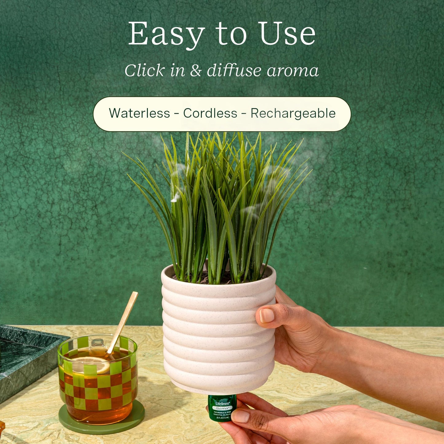 Lifelines Plant Diffuser Bundle — 2 ClickWick Essential Oil Blends | Rechargeable Faux Plant Diffuser & Modern Planter