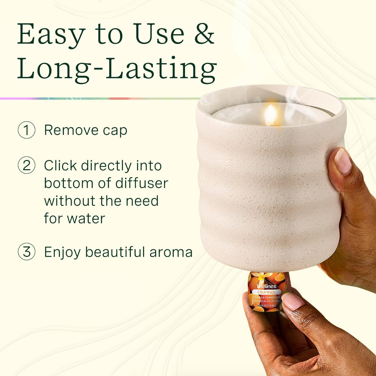 Lifelines Flameless Candle Diffuser with 2 ClickWick Blends – Cordless & Waterless (Frosted Cream)