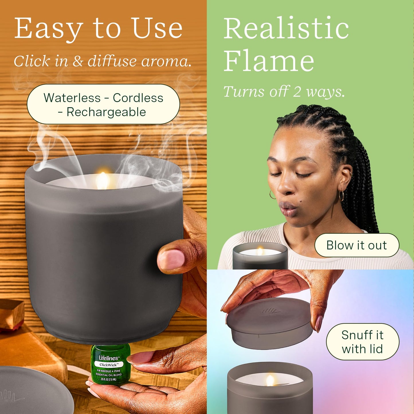 Lifelines Flameless Diffuser with 2 ClickWick Blends - Cordless & Waterless