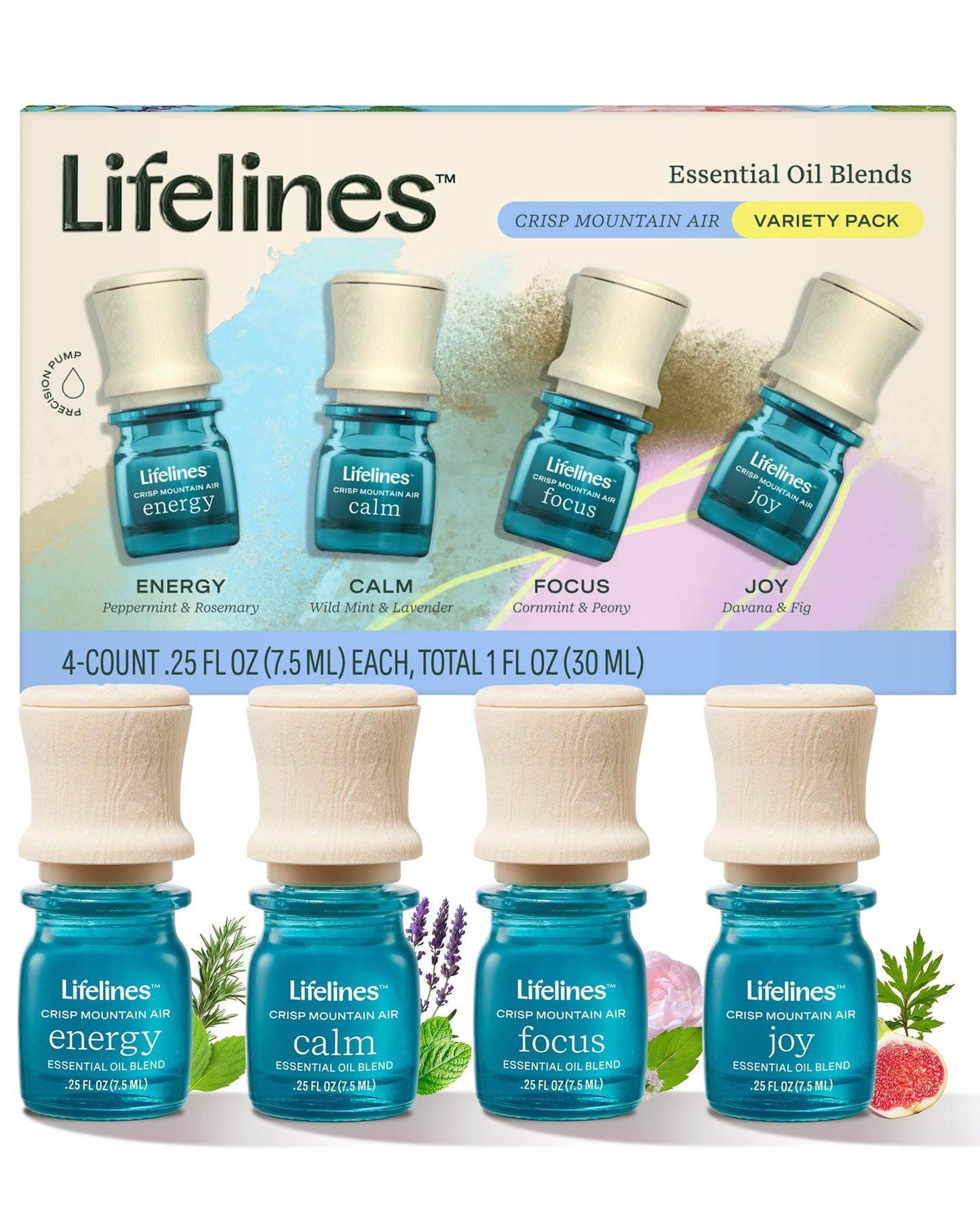 Lifelines Essential Oil Blends 4-Pack – Crisp Mountain Air | Joy, Calm, Focus & Energy