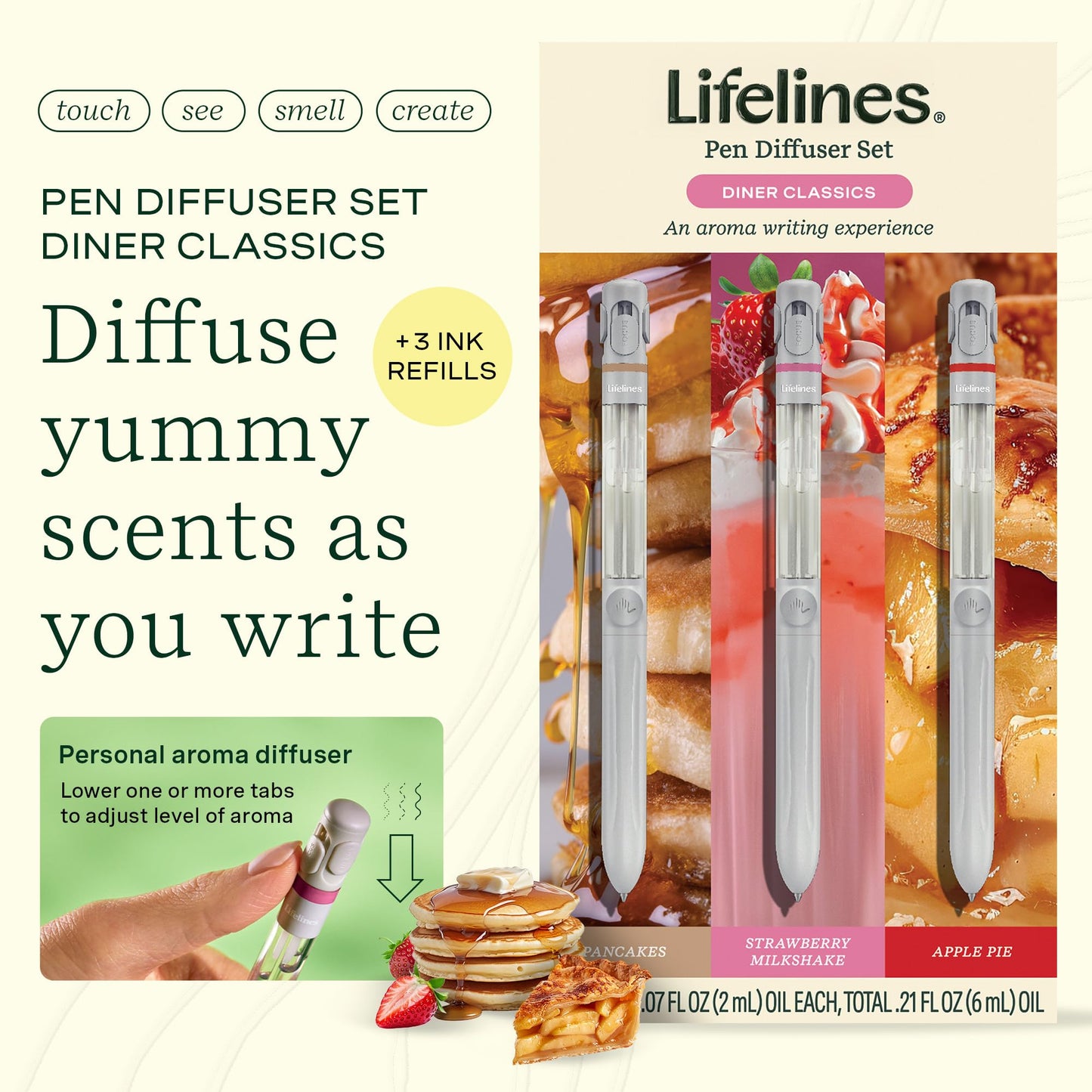 Lifelines Pen Diffuser Set – Diner Classics 3-Pack with Scented Ink & Aromatherapy Diffusion