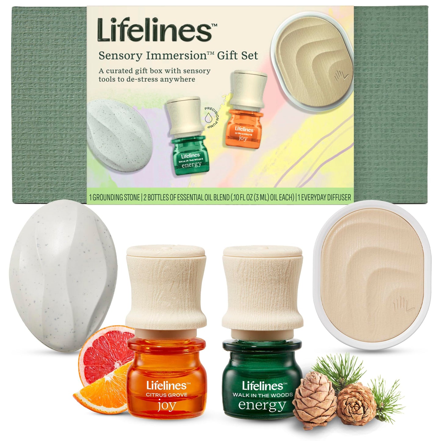 Lifelines Sensory Immersion Gift Set - Includes Everyday Aromatherapy Diffuser, Fidget Grounding Stone & 2 Essential Oil Blends - Unique Sensory Gifts for Women & Men