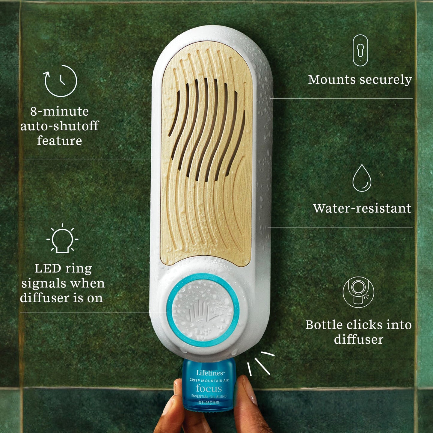 Lifelines Shower Diffuser - Wall-Mounted Essential Oil Diffuser with Auto Shut-Off | ClickWick Blends Included