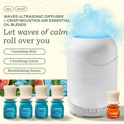 Lifelines Waves Ultrasonic Diffuser 200ml + 4-Pack Crisp Mountain Air Oils