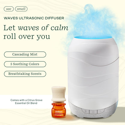 Lifelines Waves Ultrasonic Diffuser 200ml | Citrus Grove Essential Oil Blend | Aromatherapy, Lights, Timers & Auto-Shutoff