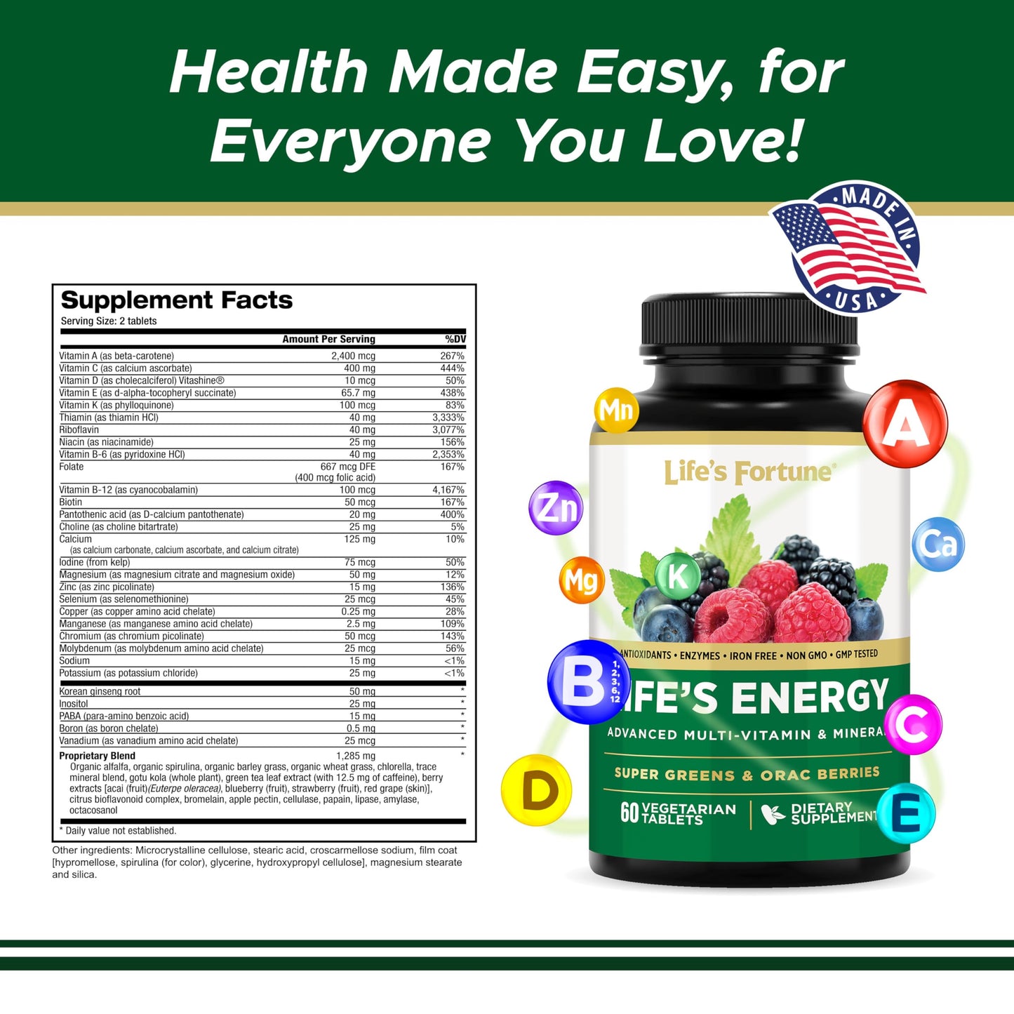 Life's Energy Daily Multivitamin for Men & Women – Iron Free, Vegetarian | Immune & Energy Support