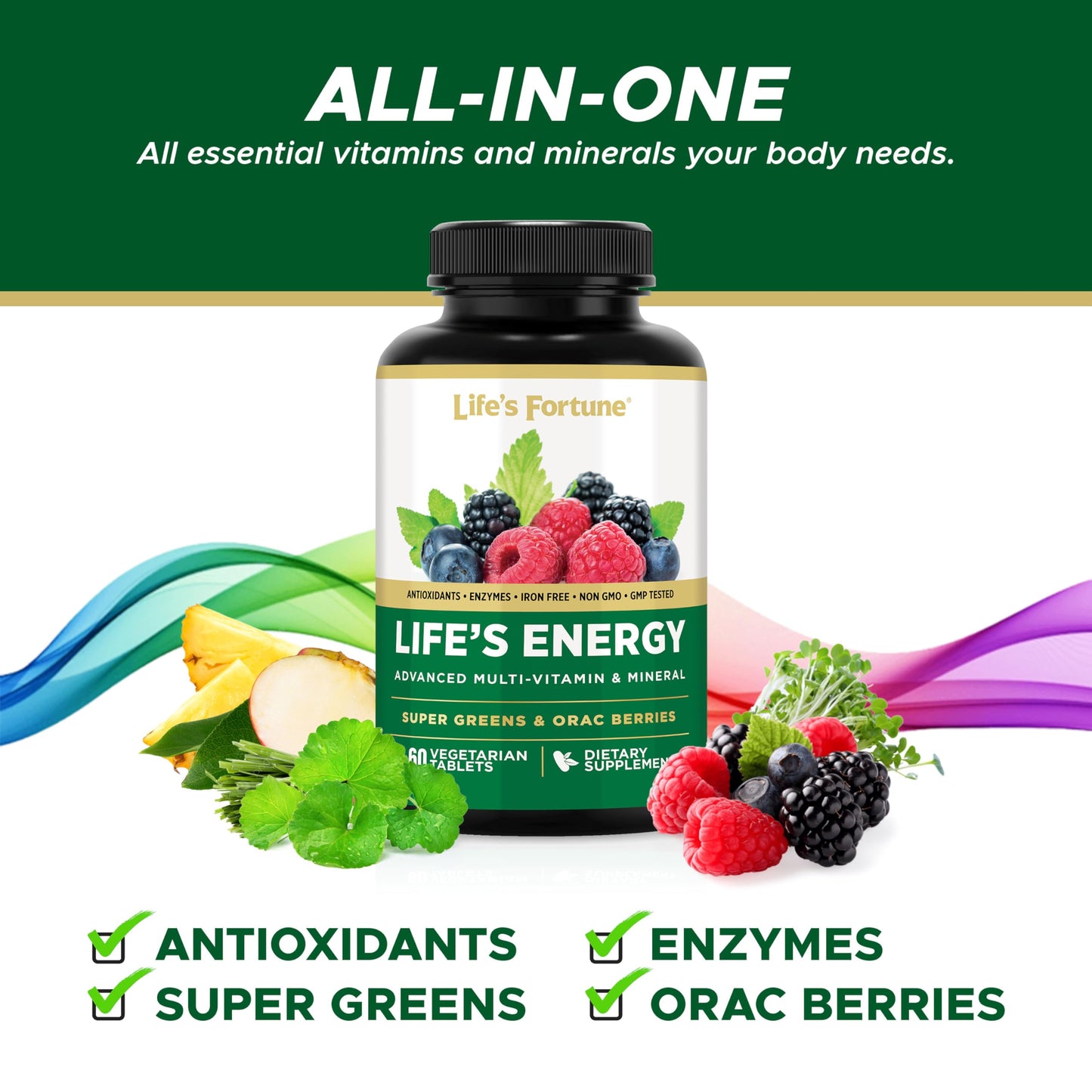 Life's Energy Daily Multivitamin for Men & Women – Iron Free, Vegetarian | Immune & Energy Support