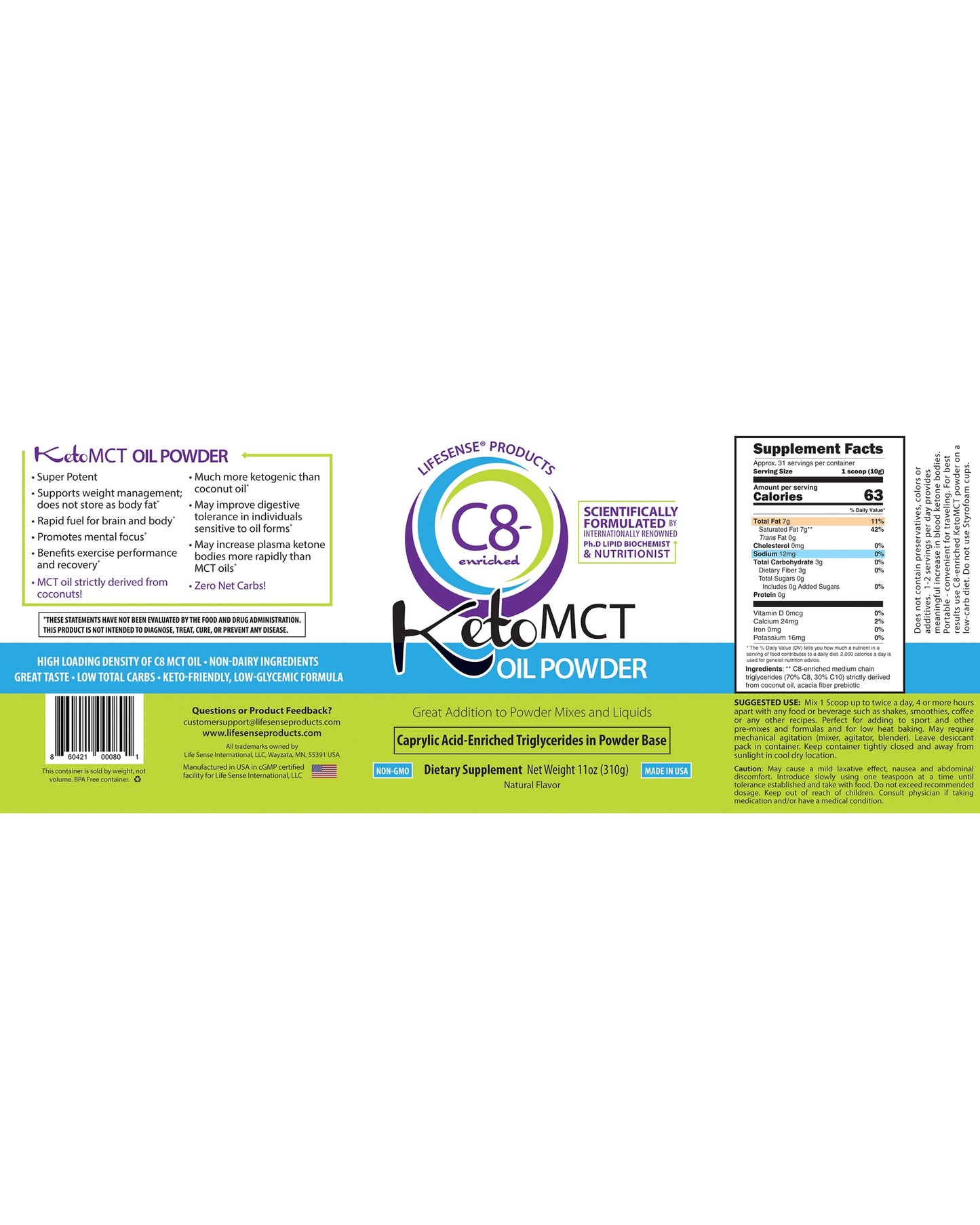 LifeSense C8 MCT Oil Powder Unflavored – Keto-Friendly, Coconut-Sourced | PhD Nutrition USA