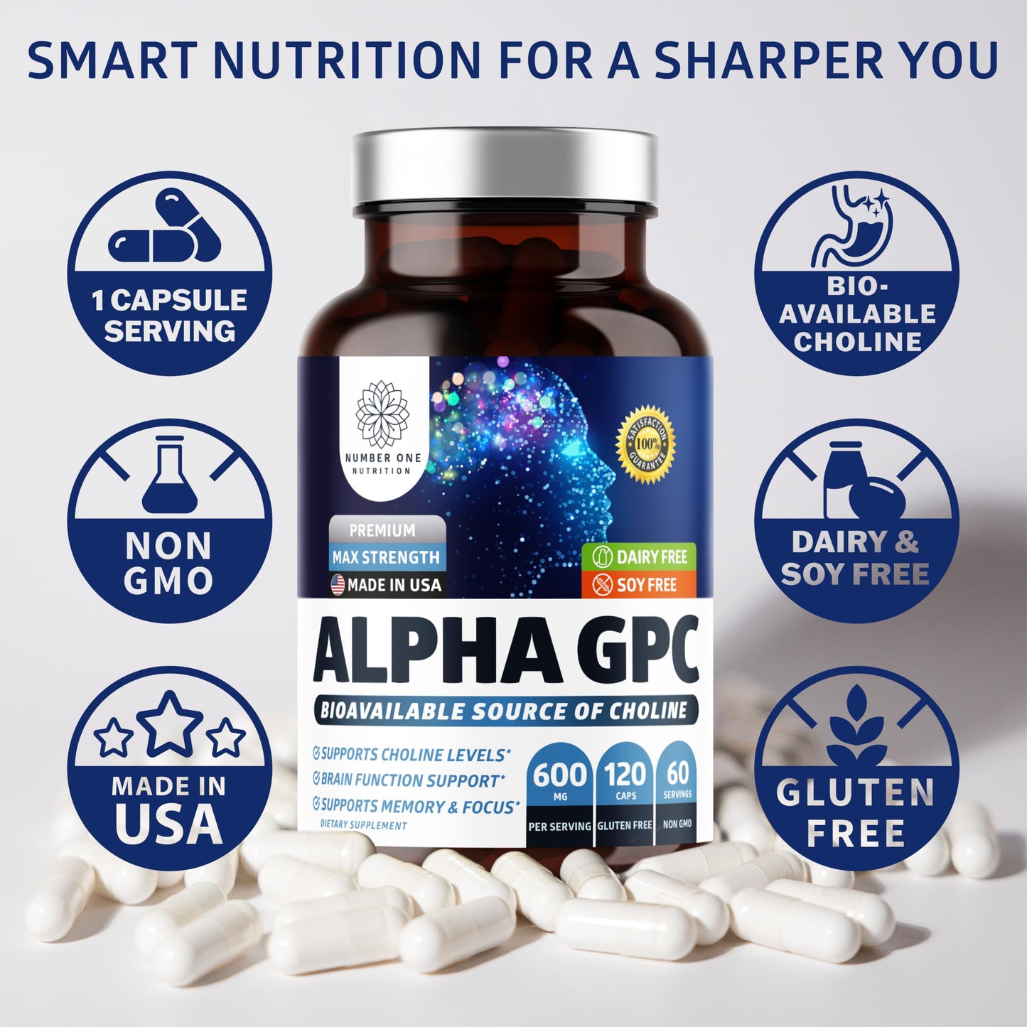 Number One Nutrition Premium Alpha GPC Choline Capsules 600mg – Natural Brain Support for Focus, Memory, Clarity & Energy | 120 Veg Caps