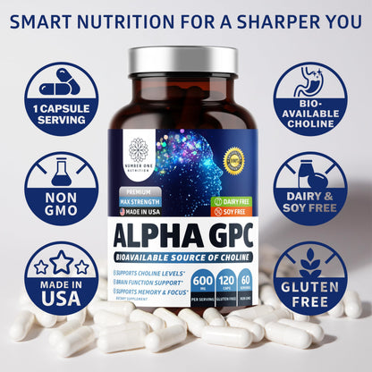 Number One Nutrition Premium Alpha GPC Choline Capsules 600mg – Natural Brain Support for Focus, Memory, Clarity & Energy | 120 Veg Caps