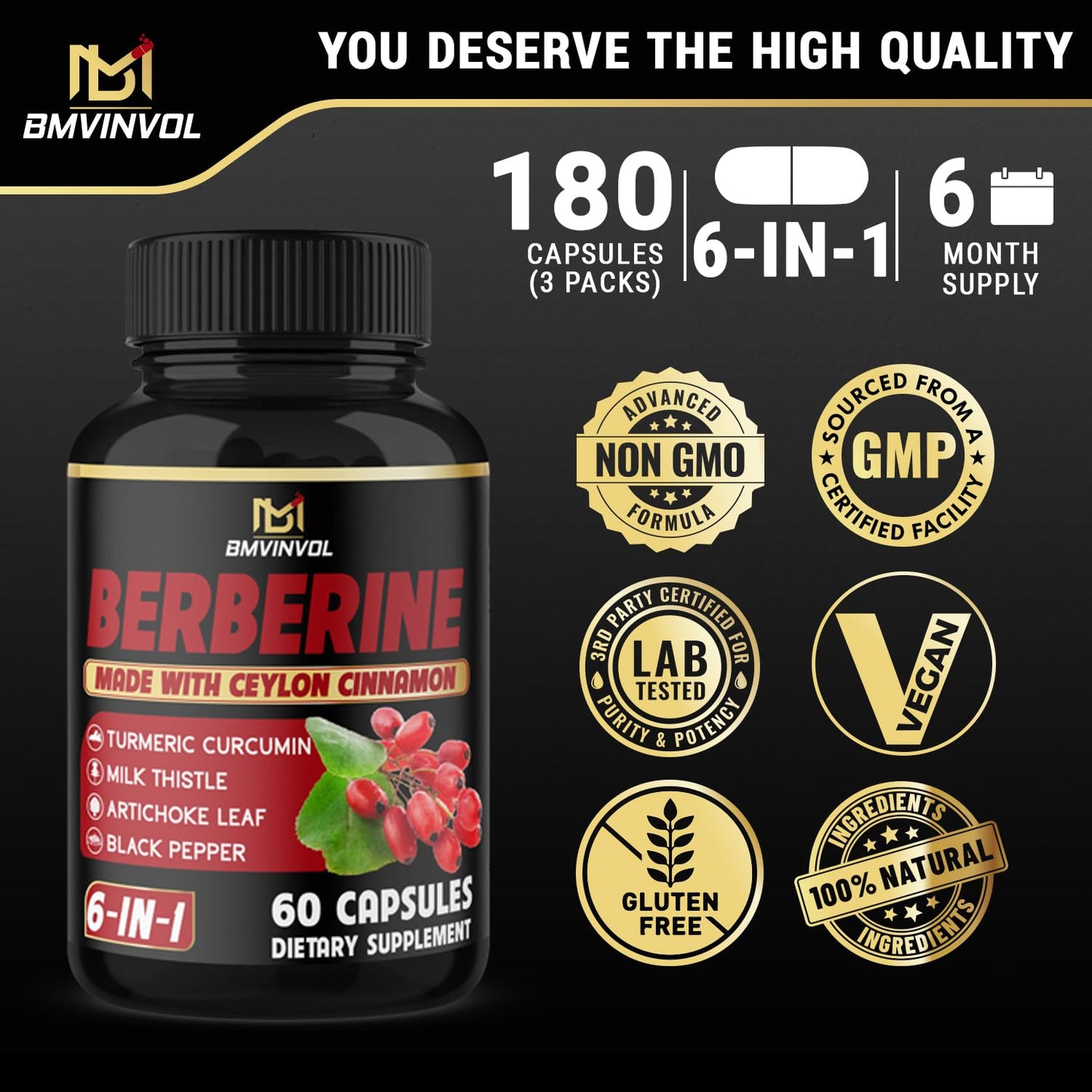 (3 Packs) Berberine Supplement Plus Ceylon Cinnamon, Milk Thistle, Turmeric, Artichoke Leaf, Black Pepper - 6 Month Supply
