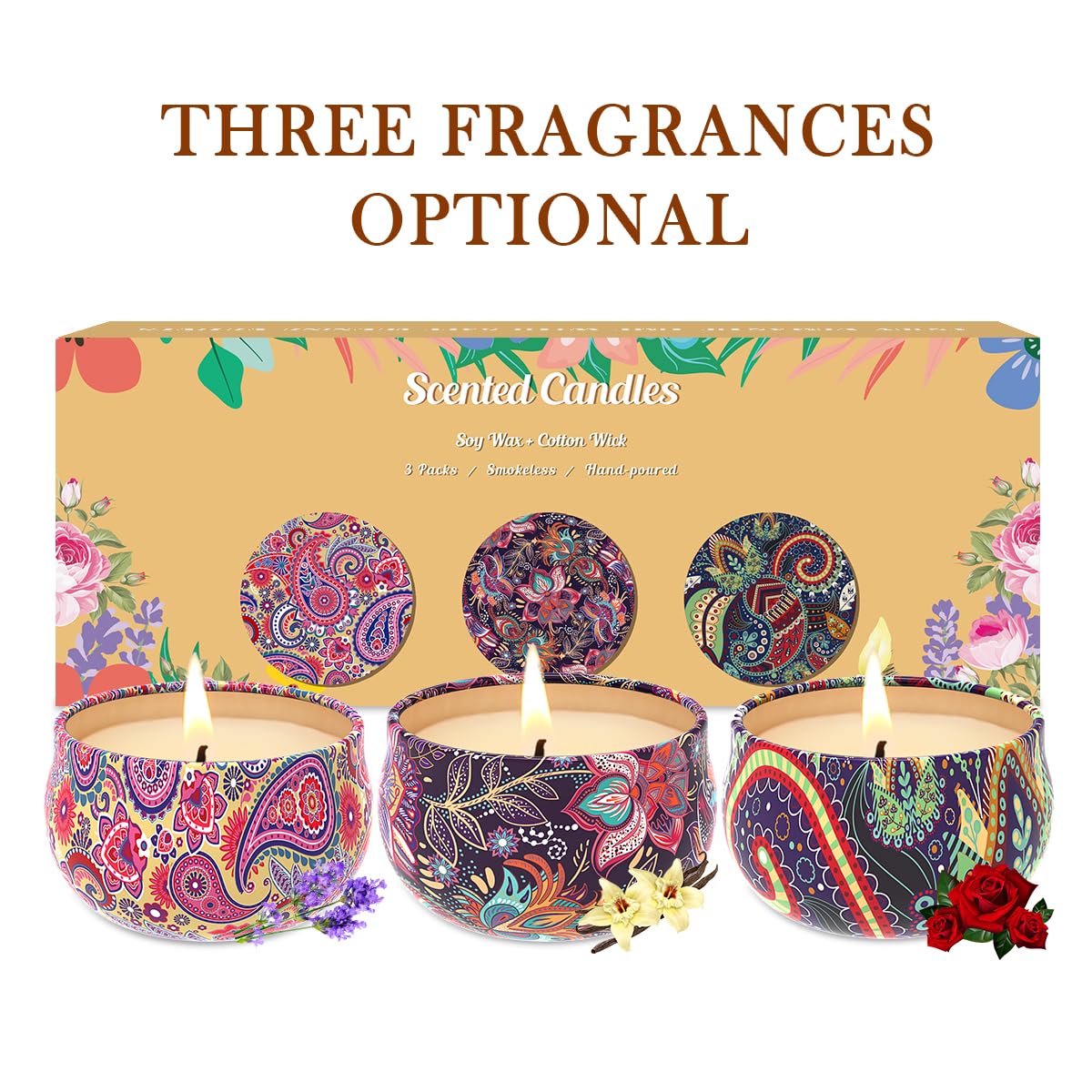 3 Pack Home Scented Candles – Lavender, Vanilla & Rose | 2.5 oz Soy
