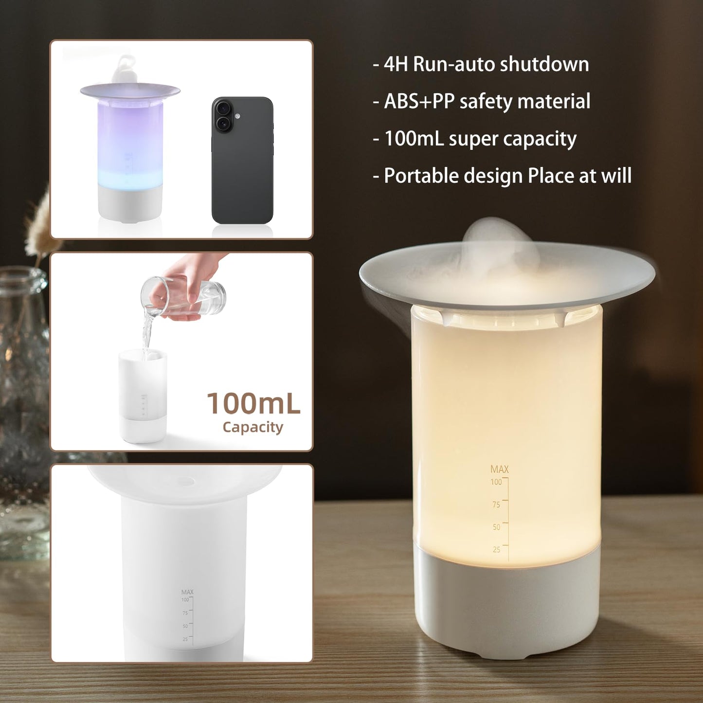 Lifgtzyn Essential Oil Diffuser for Home 100ml Humidifier – USB Powered, 7 LED Lights, Auto Shut-Off, White