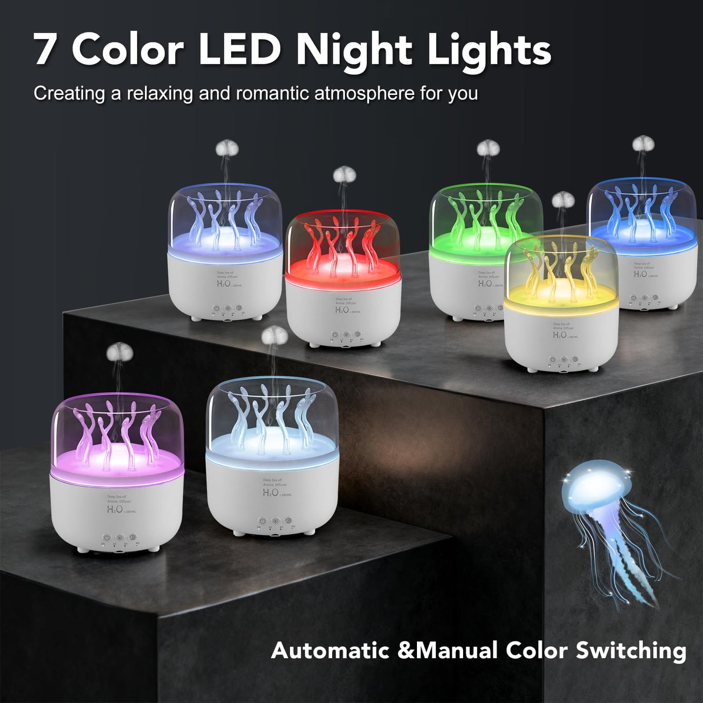 Lifgtzyn Jellyfish Diffuser 280ml - Remote Control, 7-Color LED Night Light, Auto Shut-Off