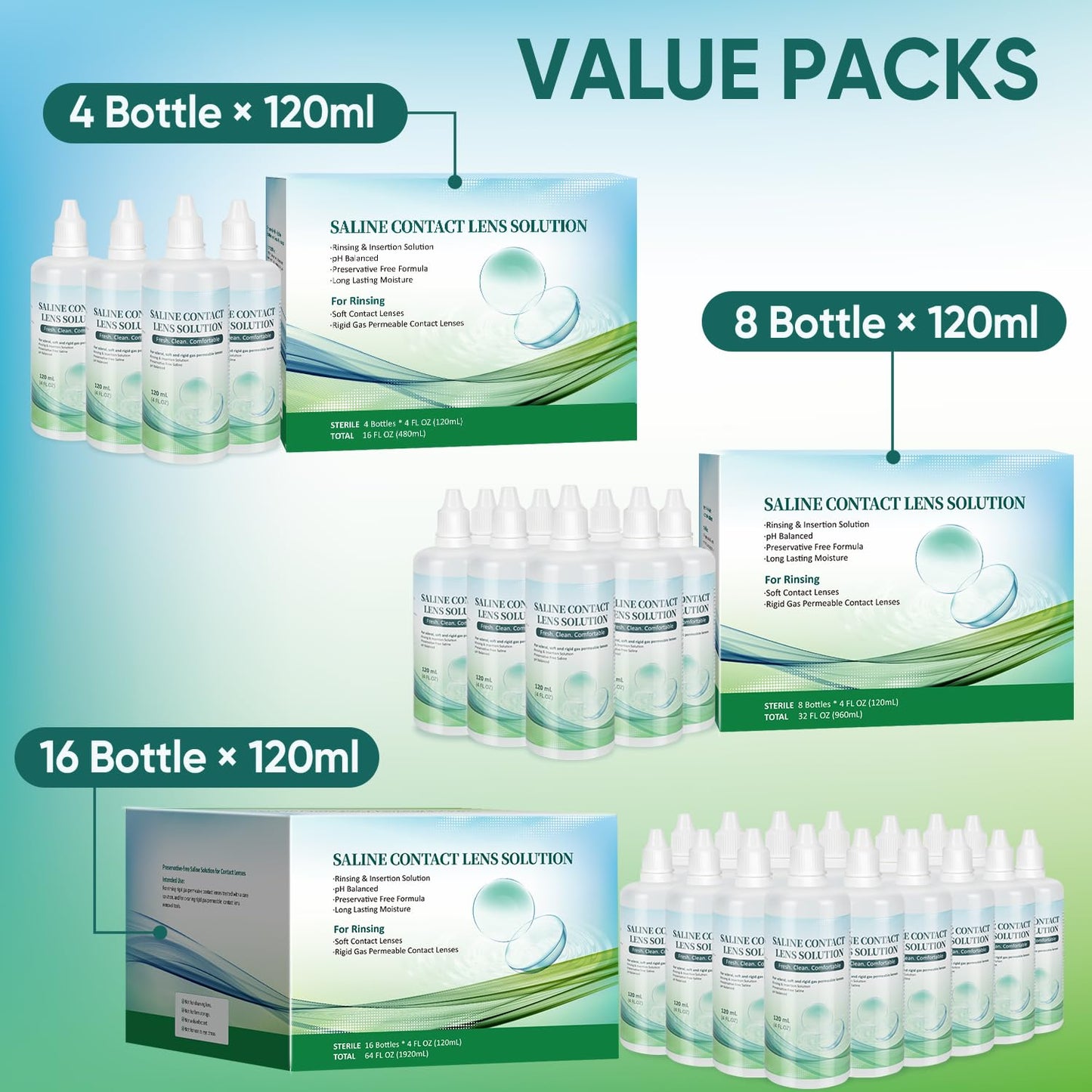 LIFVEAN Saline Contact Lens Solution for Soft & Rigid Gas Permeable Lenses | 4 Fl Oz | 4 Pack